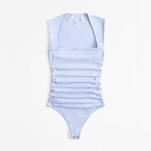 The A&F Ava Cotton-Blend Seamless Fabric Ruched Portrait Bodysuit in Light Blue